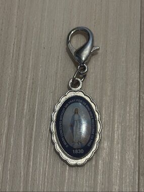 Religious Miraculous Medal Charm in Blue and Silver with Lobster Clasp